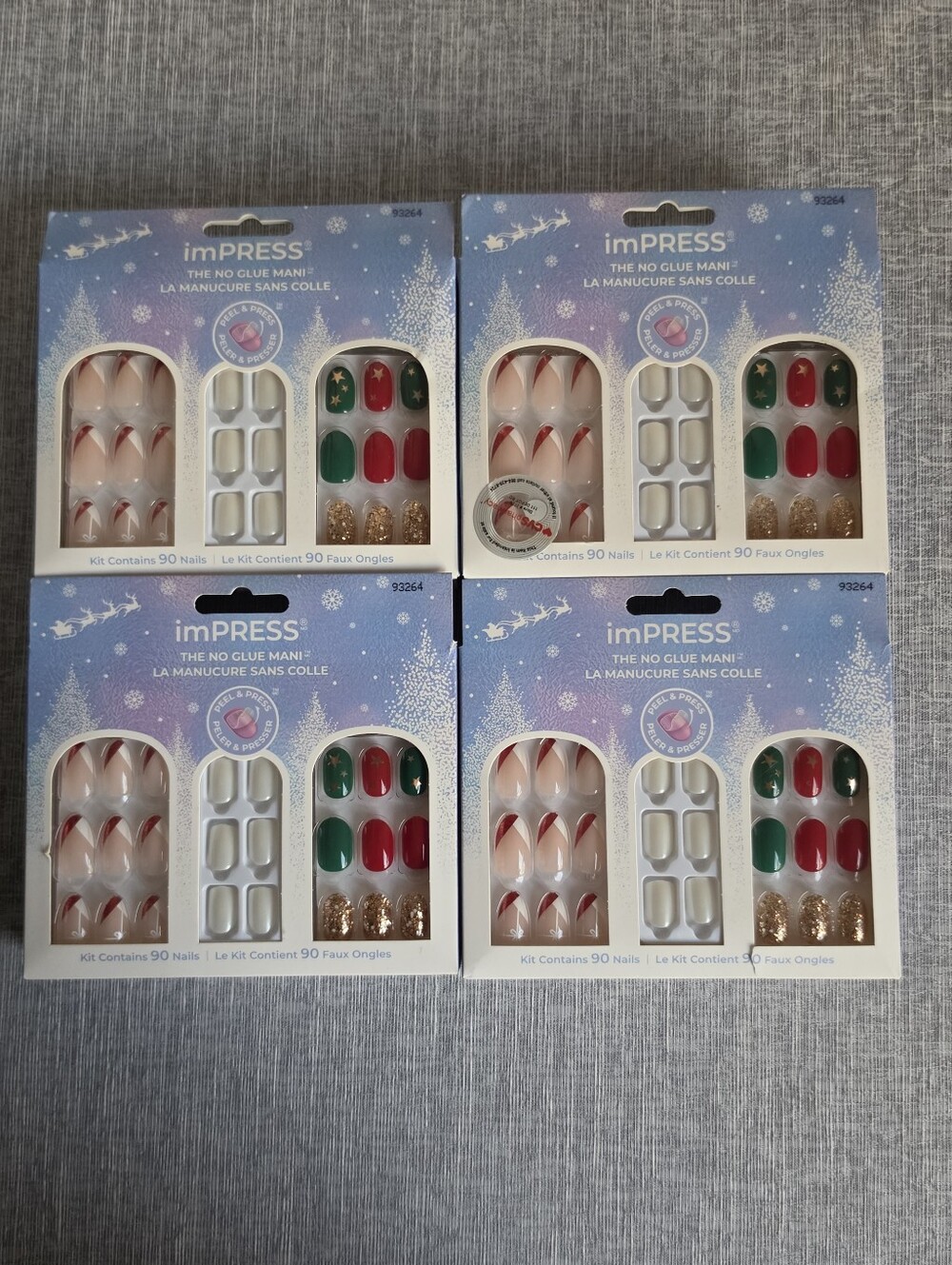 4 Packs ImPRESS Press On Holiday Nail Sets 90 Nails In Each Christmas Glitter